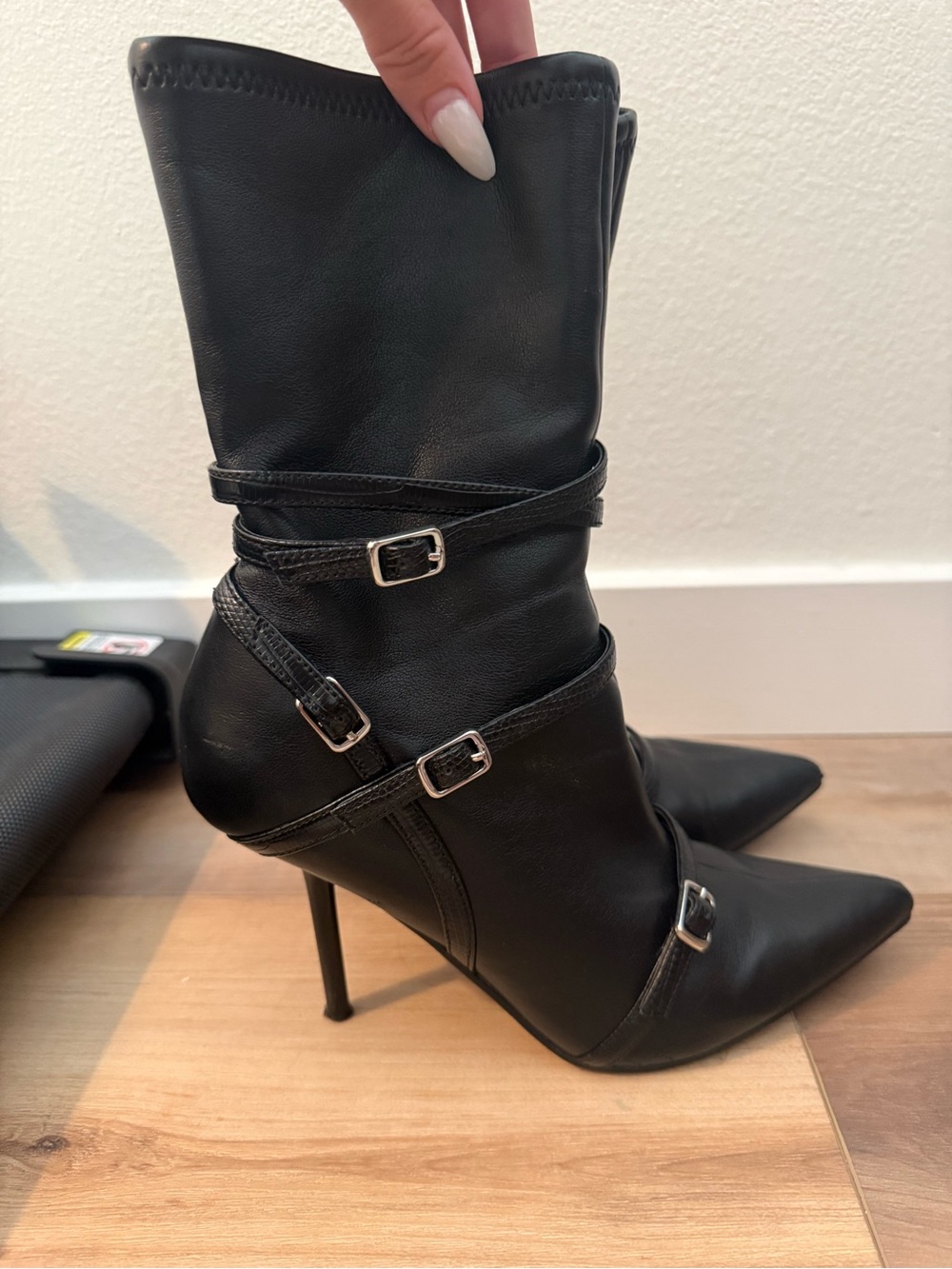 Steve Madden Steele black heeled boots with buckle details